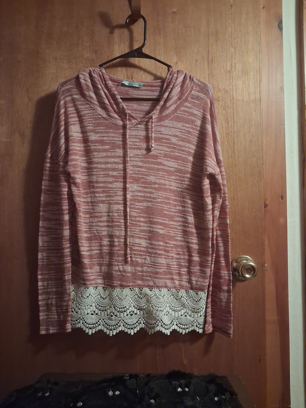 Maurices Pink Striped Hoodie with Lace Hem